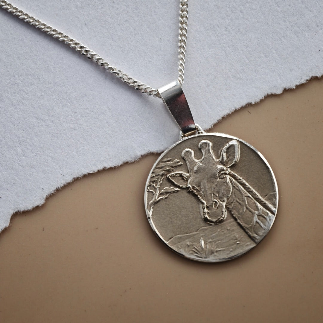 Giraffe Engraved Sterling Silver Coin Necklace