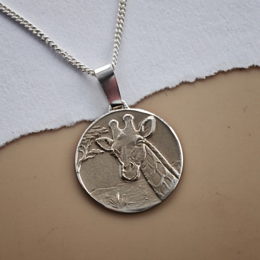 Giraffe Engraved Sterling Silver Coin Necklace