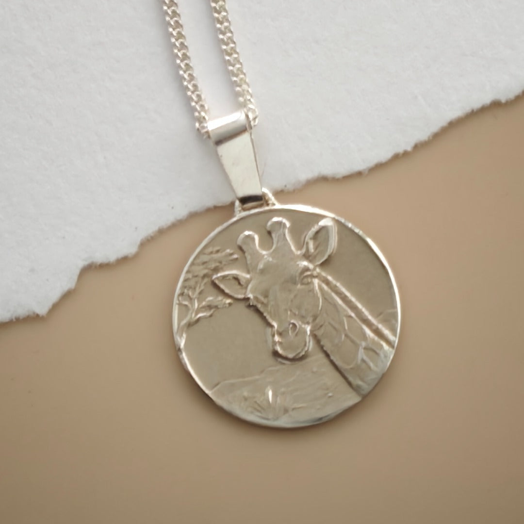 Giraffe Engraved Sterling Silver Coin Necklace