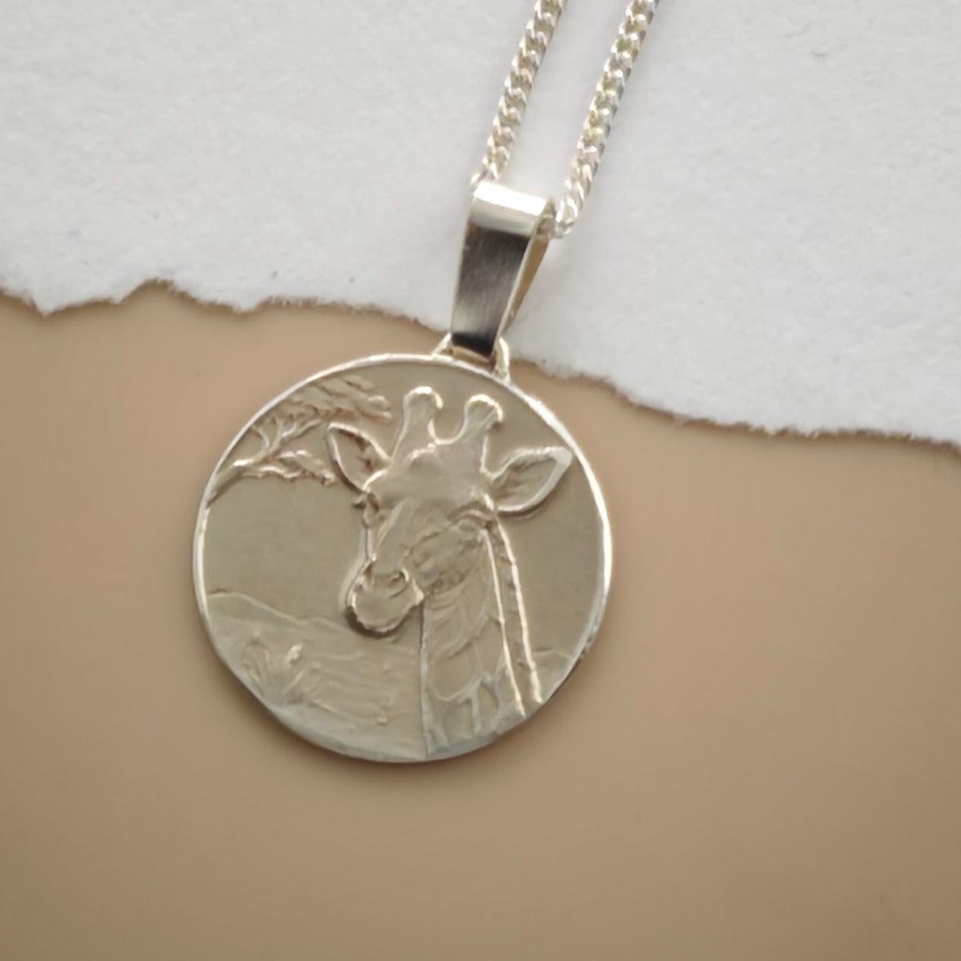 Giraffe Engraved Sterling Silver Coin Necklace