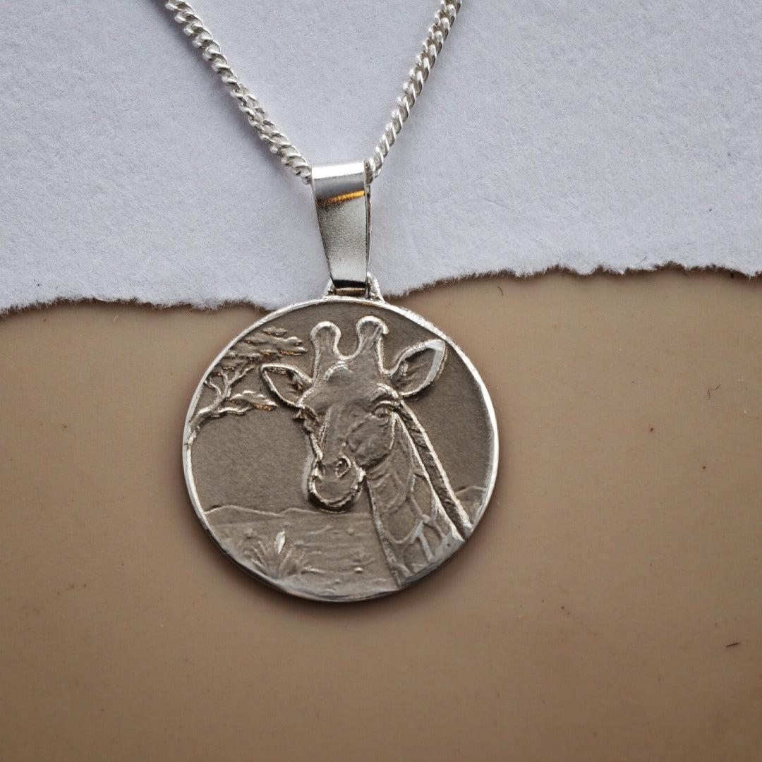 Giraffe Engraved Sterling Silver Coin Necklace