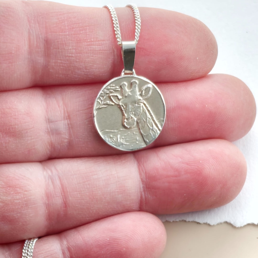 Giraffe Engraved Sterling Silver Coin Necklace