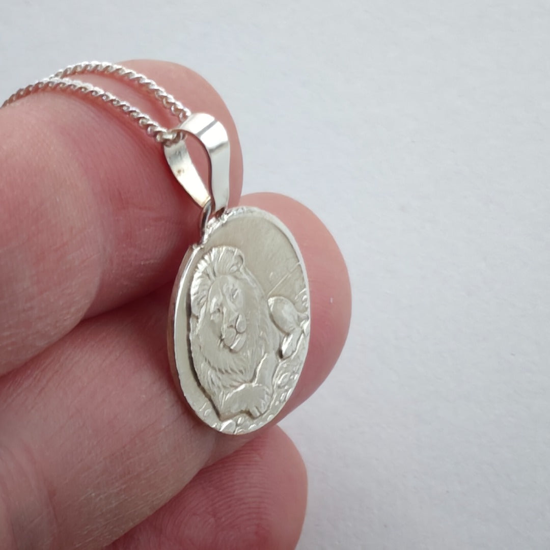 Lion Engraved Sterling Silver Coin Necklace