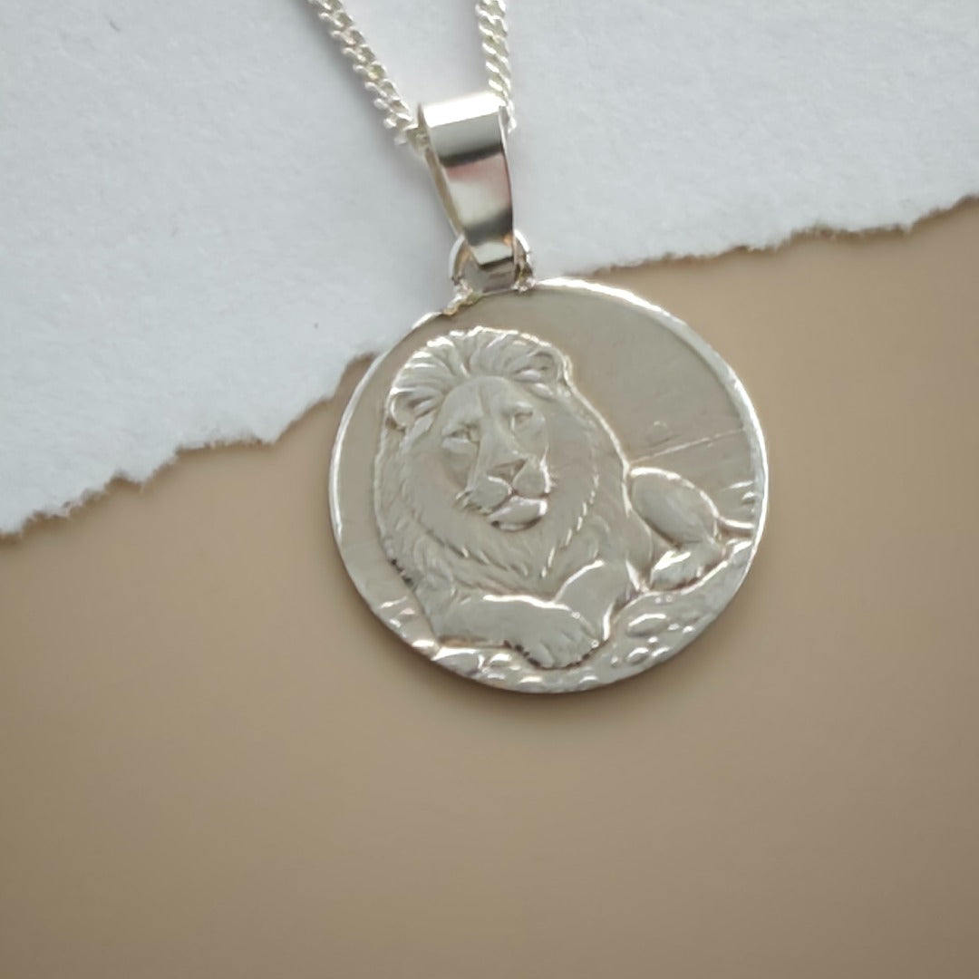 Lion Engraved Sterling Silver Coin Necklace