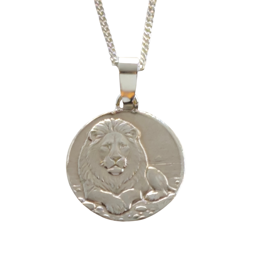 Lion Engraved Sterling Silver Coin Necklace