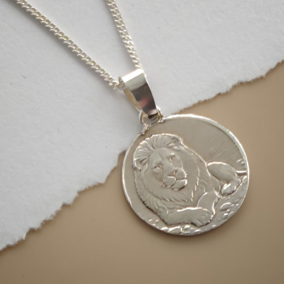 Lion Engraved Sterling Silver Coin Necklace