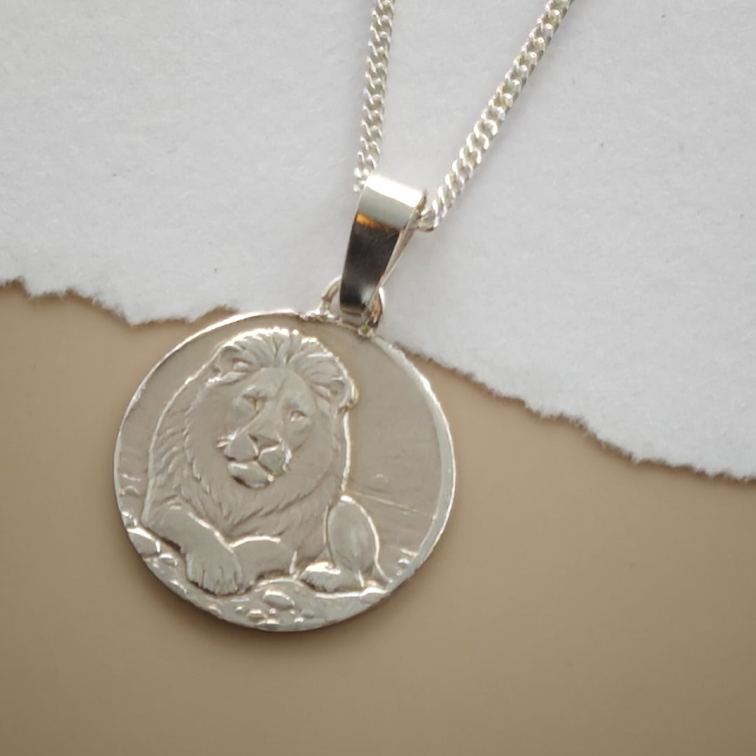 Lion Engraved Sterling Silver Coin Necklace