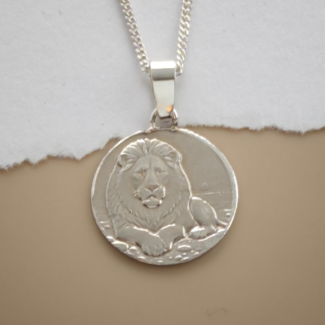 Lion Engraved Sterling Silver Coin Necklace