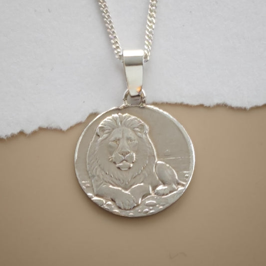 Lion Engraved Sterling Silver Coin Necklace