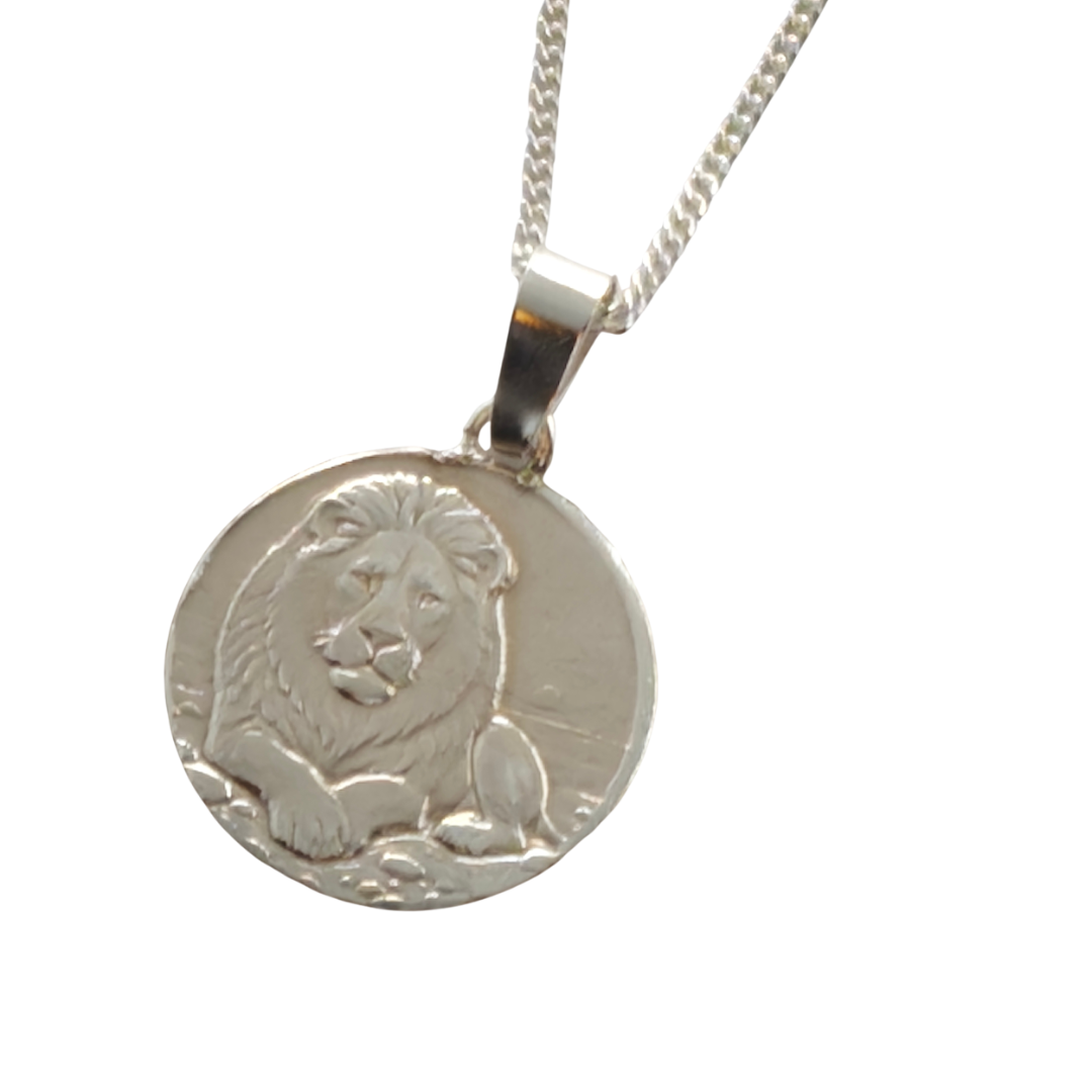 Lion Engraved Sterling Silver Coin Necklace