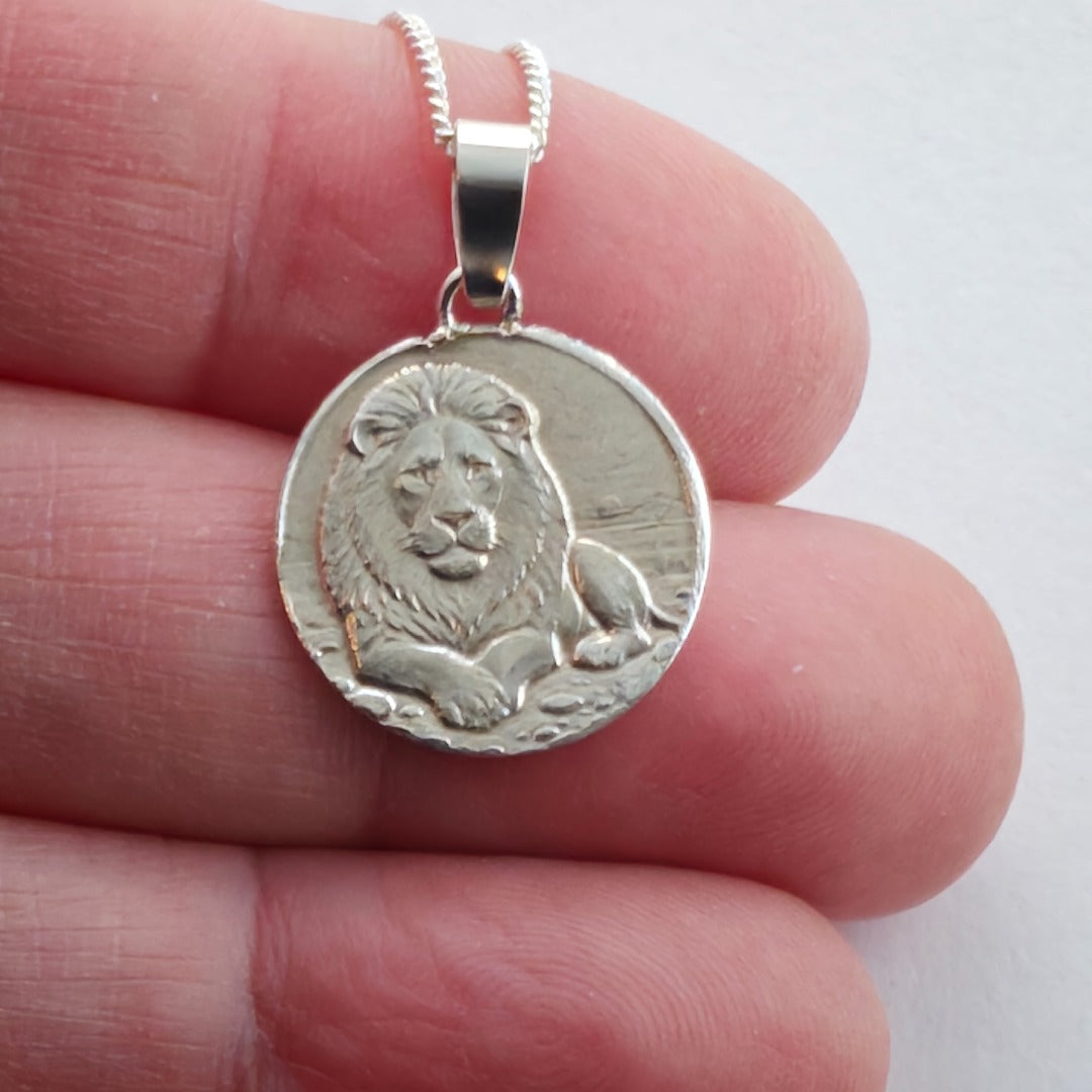 Lion Engraved Sterling Silver Coin Necklace