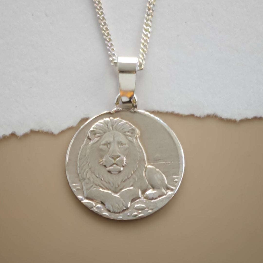 Lion Engraved Sterling Silver Coin Necklace