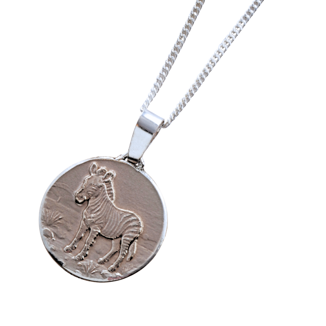 Zebra Engraved Sterling Silver Coin Necklace