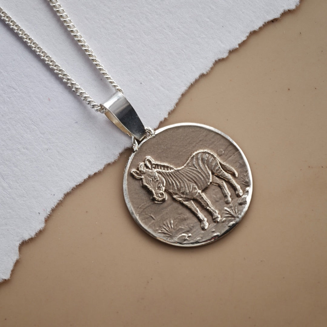 Zebra Engraved Sterling Silver Coin Necklace