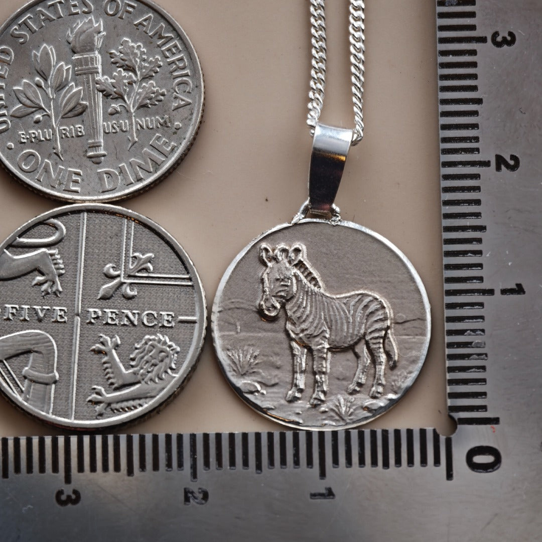 Zebra Engraved Sterling Silver Coin Necklace