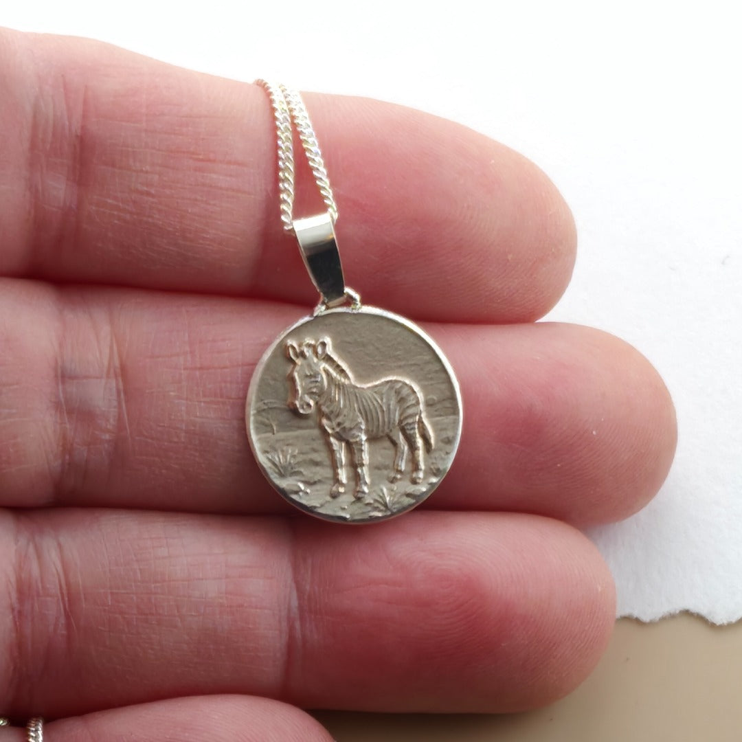 Zebra Engraved Sterling Silver Coin Necklace