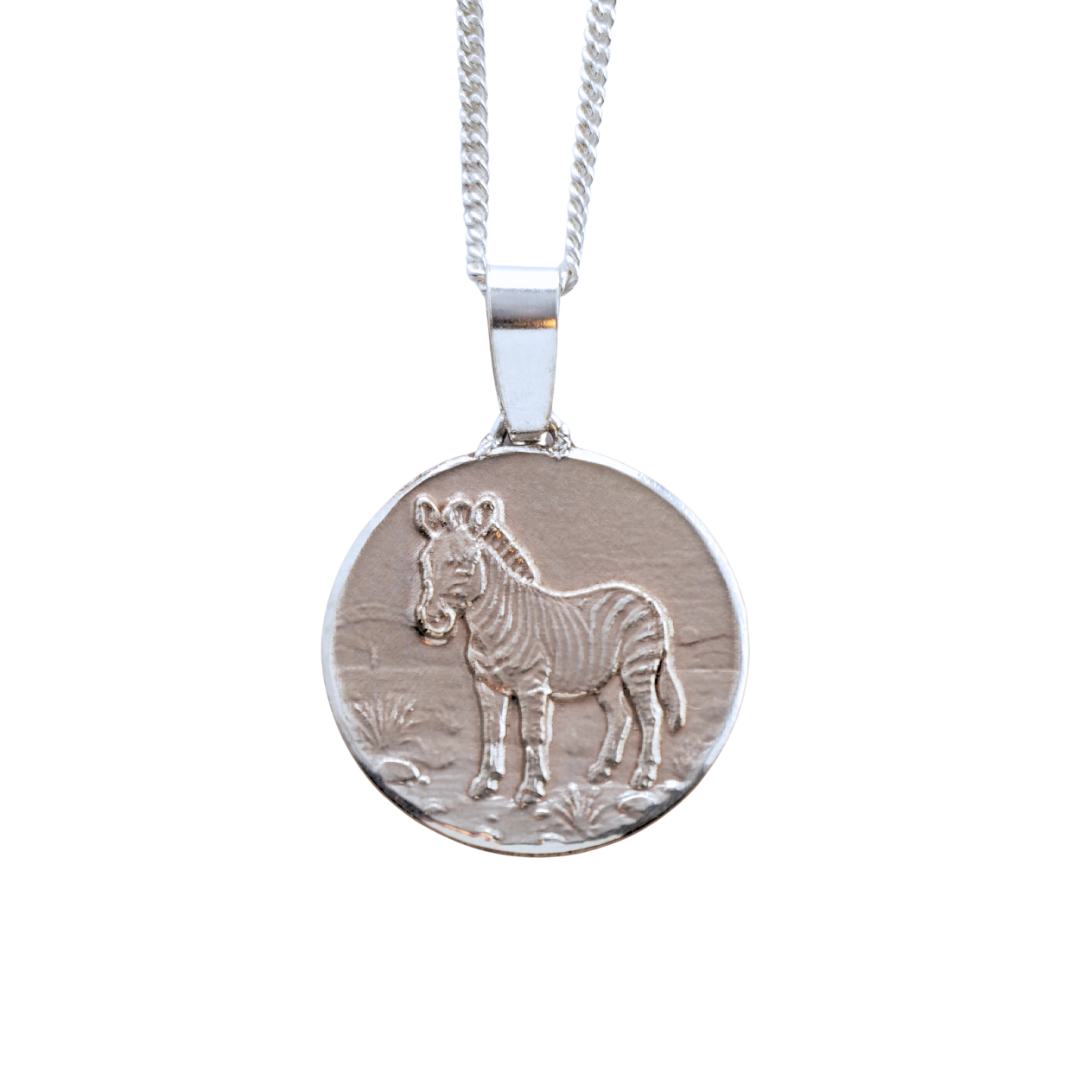 Zebra Engraved Sterling Silver Coin Necklace