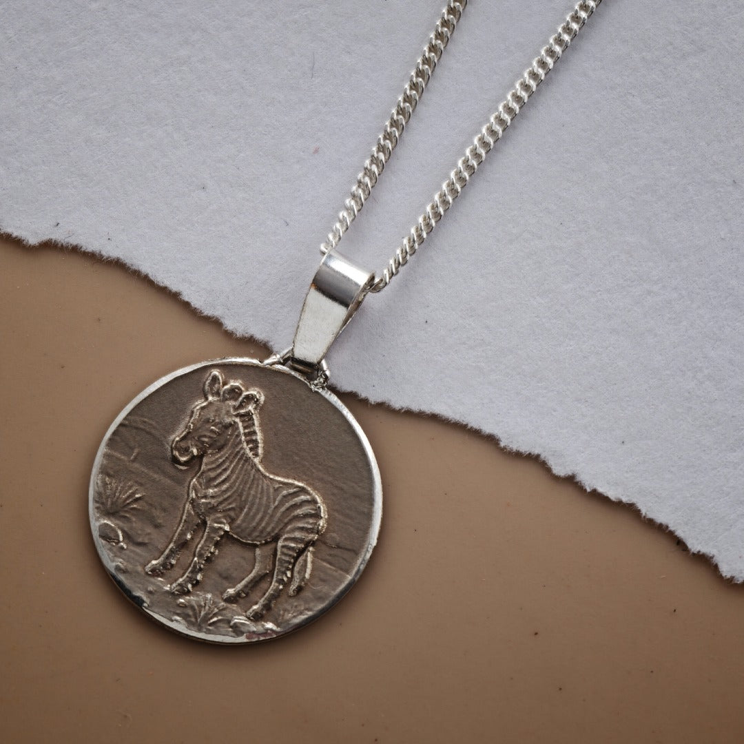Zebra Engraved Sterling Silver Coin Necklace