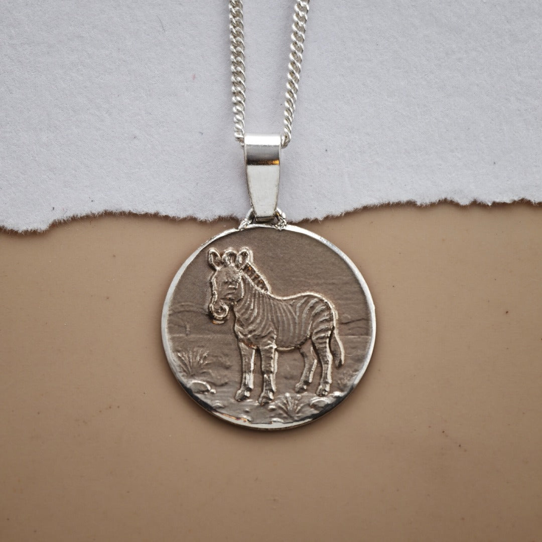 Zebra Engraved Sterling Silver Coin Necklace