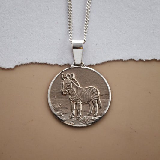 Zebra Engraved Sterling Silver Coin Necklace