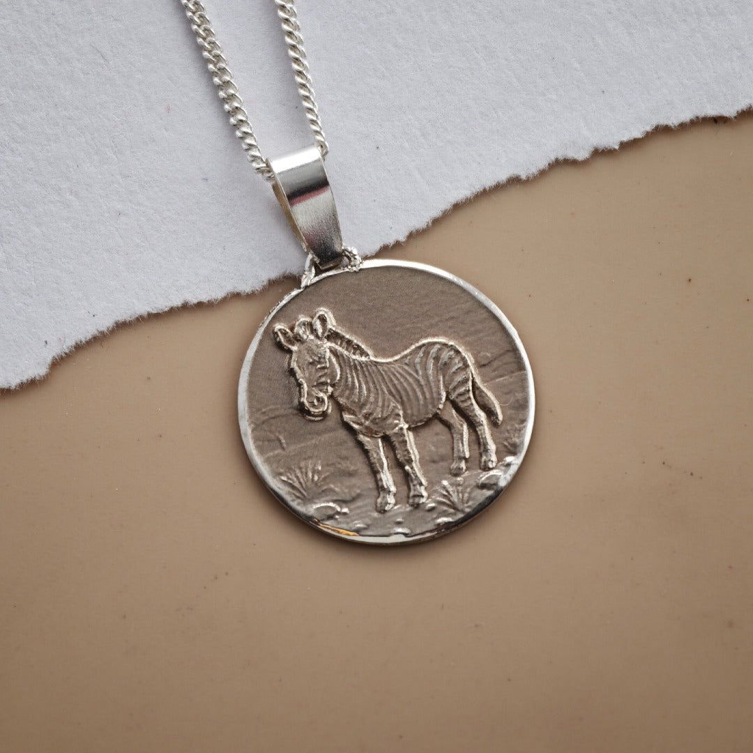 Zebra Engraved Sterling Silver Coin Necklace