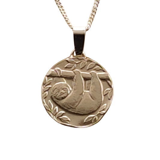 Sloth Engraved Sterling Silver Coin Necklace
