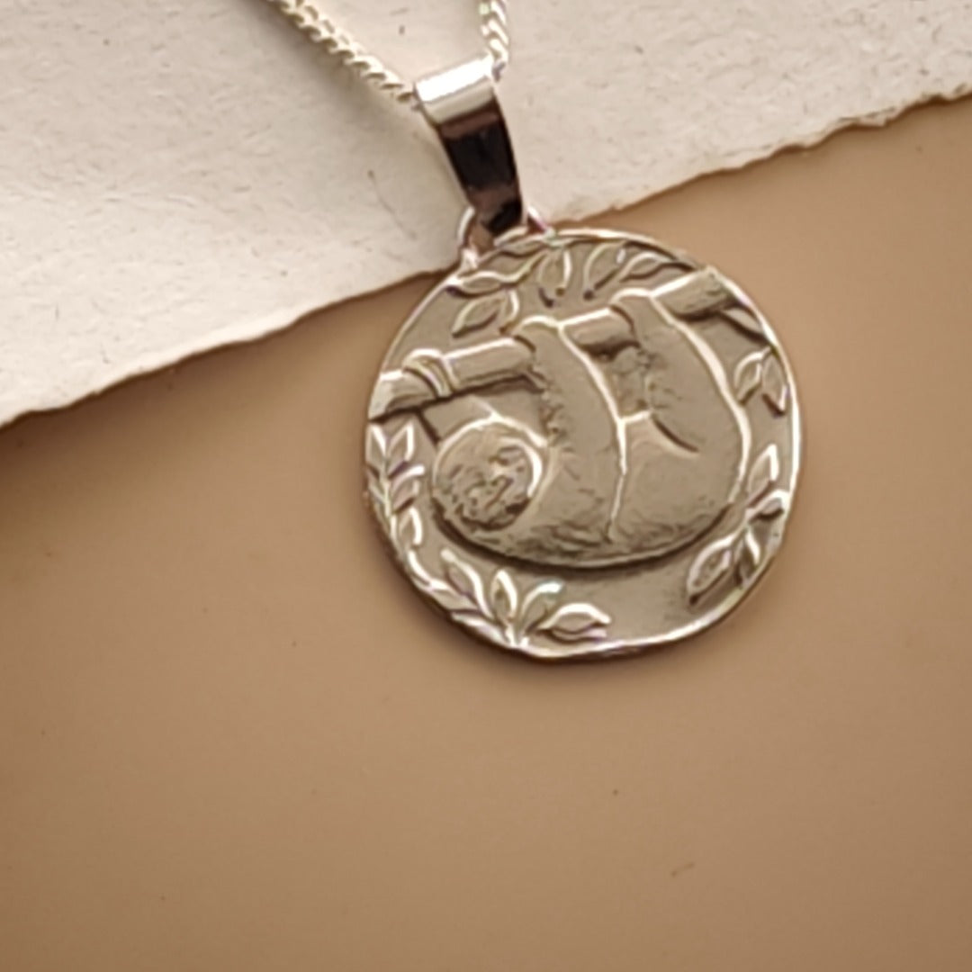Sloth Engraved Sterling Silver Coin Necklace