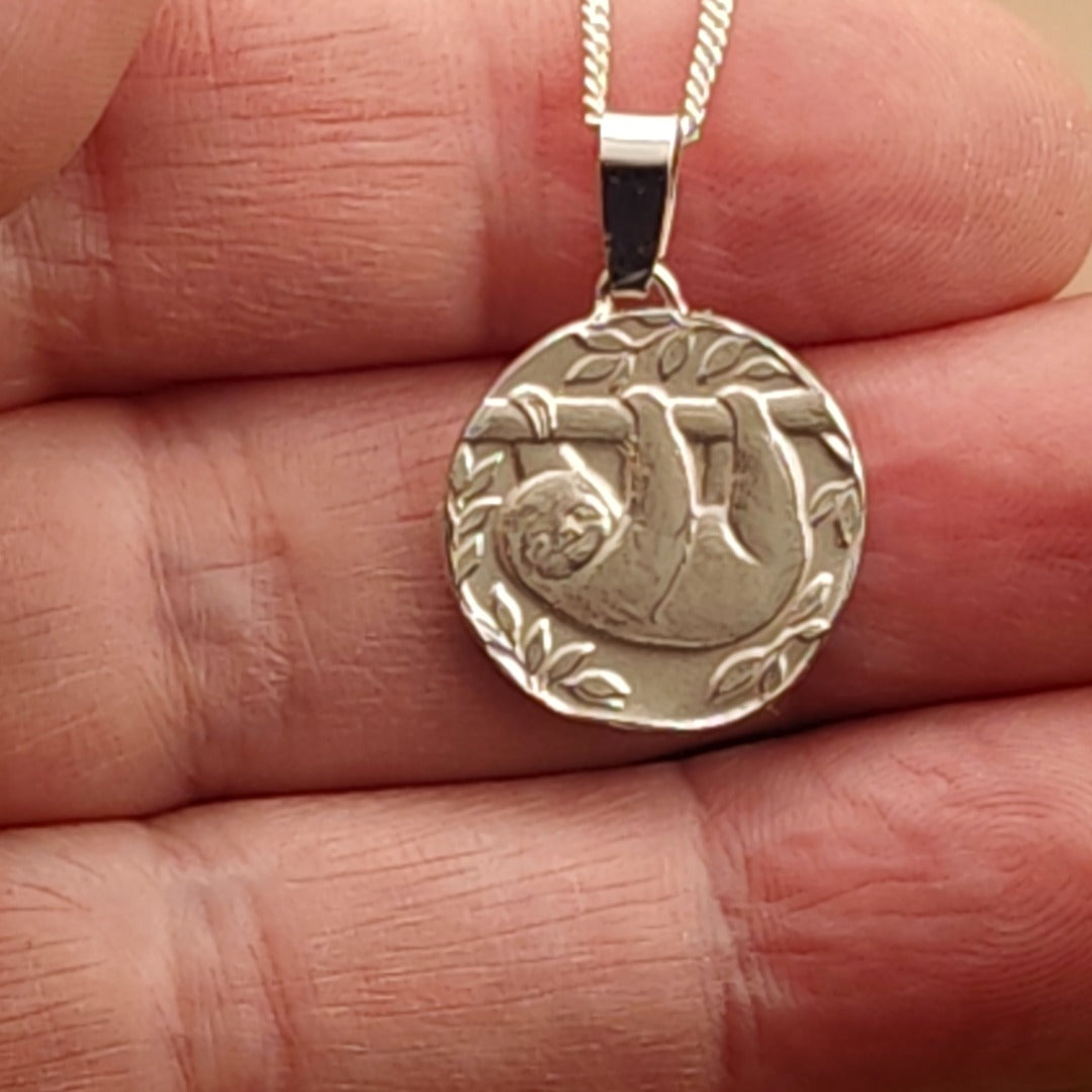 Sloth Engraved Sterling Silver Coin Necklace