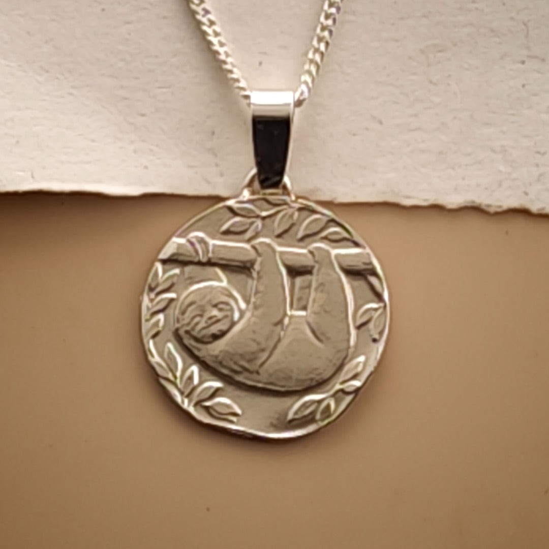 Sloth Engraved Sterling Silver Coin Necklace