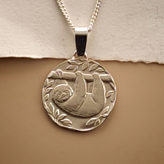 Sloth Engraved Sterling Silver Coin Necklace