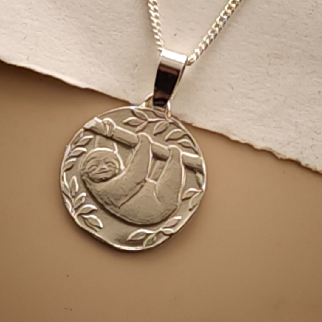 Sloth Engraved Sterling Silver Coin Necklace