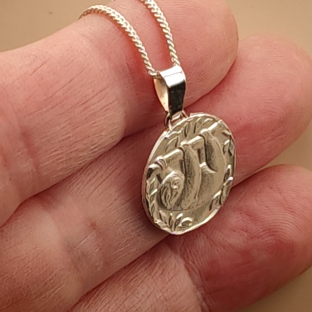 Sloth Engraved Sterling Silver Coin Necklace