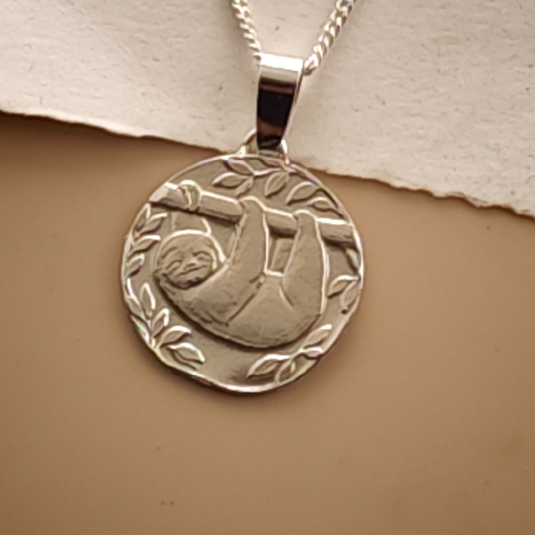 Sloth Engraved Sterling Silver Coin Necklace
