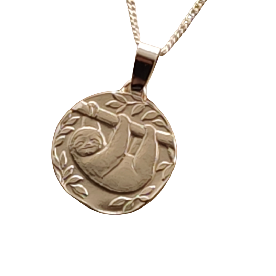 Sloth Engraved Sterling Silver Coin Necklace