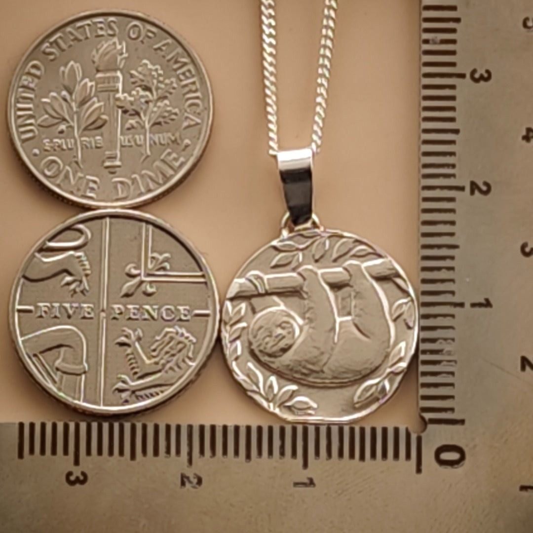Sloth Engraved Sterling Silver Coin Necklace