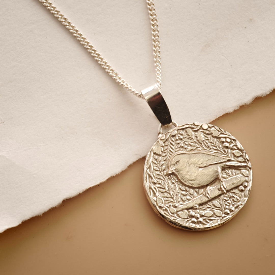 Robin Engraved Sterling Silver Coin Necklace