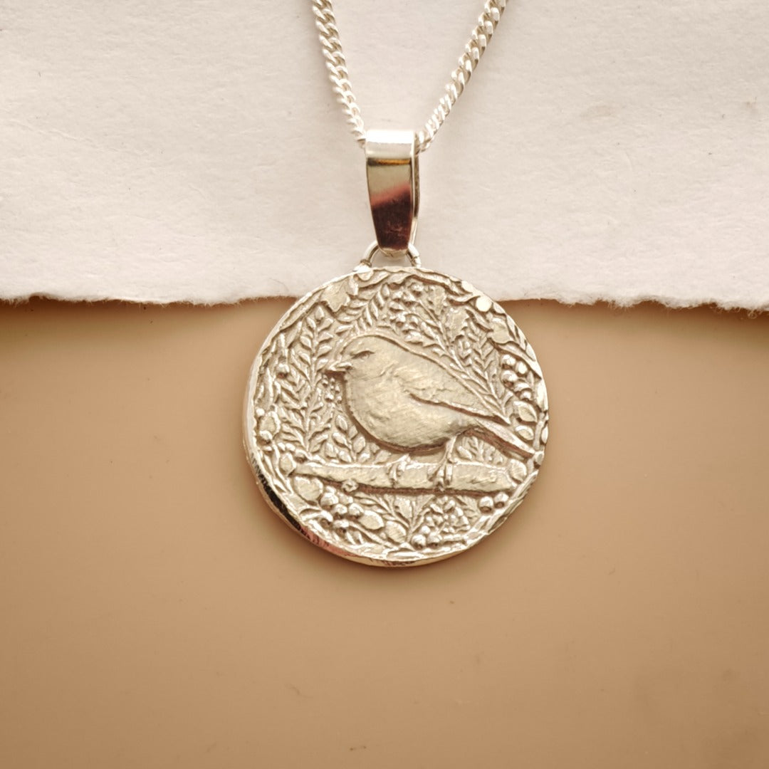 Robin Engraved Sterling Silver Coin Necklace