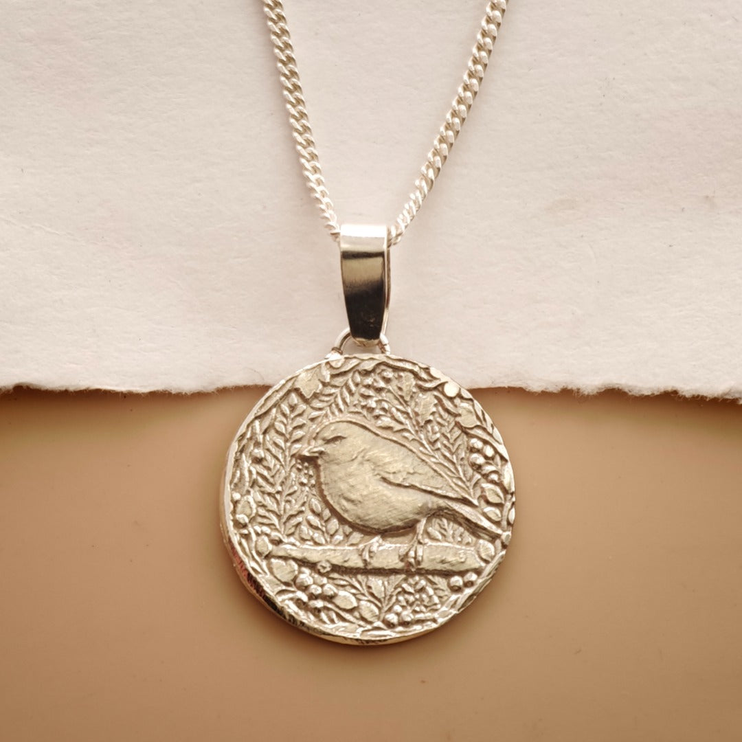 Robin Engraved Sterling Silver Coin Necklace