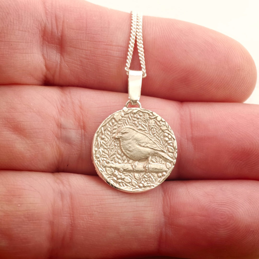 Robin Engraved Sterling Silver Coin Necklace