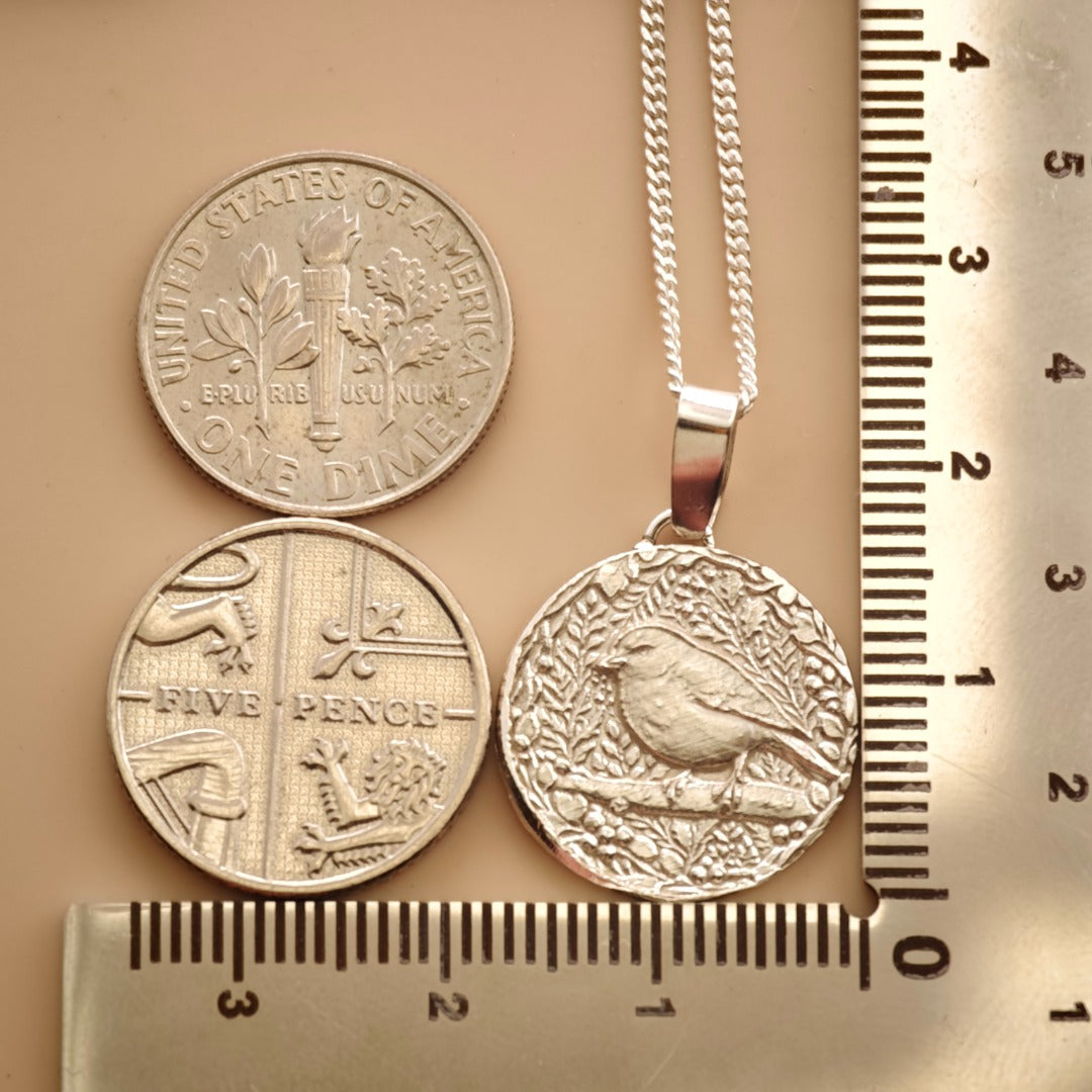 Robin Engraved Sterling Silver Coin Necklace