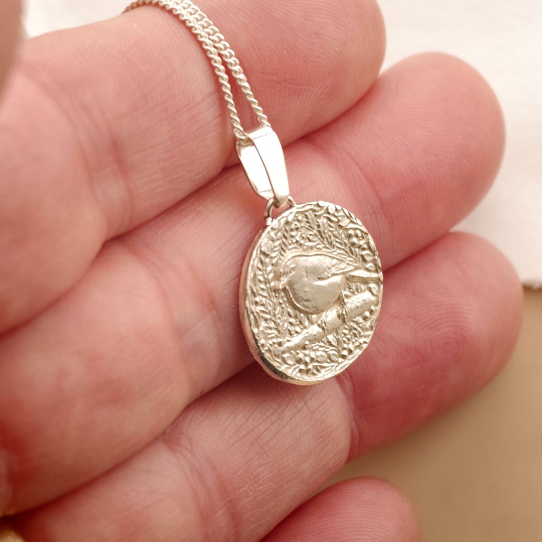 Robin Engraved Sterling Silver Coin Necklace