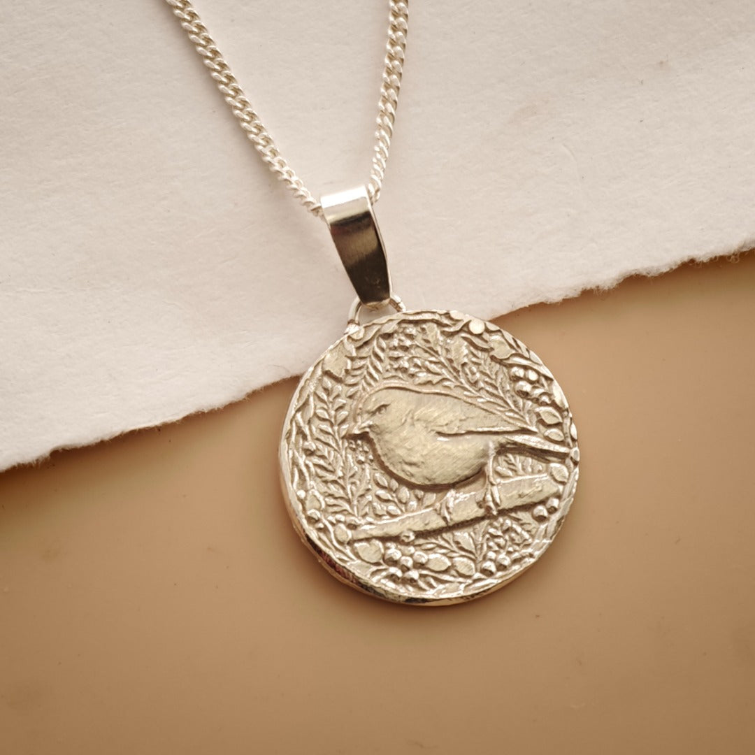 Robin Engraved Sterling Silver Coin Necklace