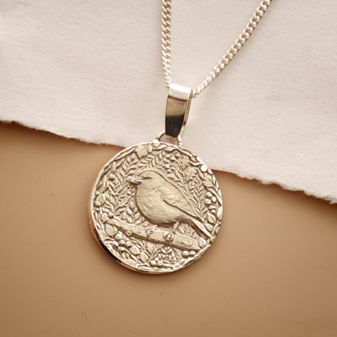 Robin Engraved Sterling Silver Coin Necklace