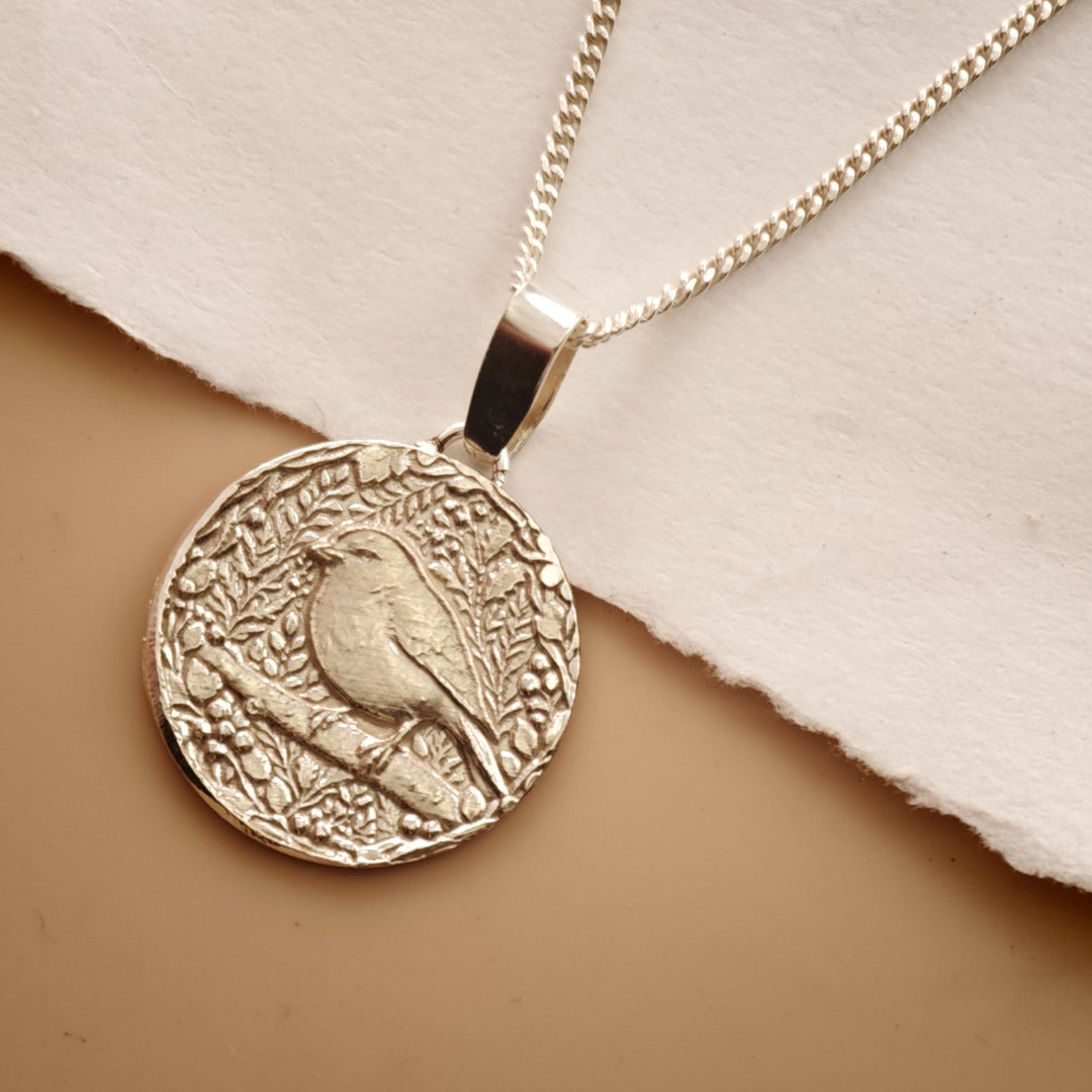 Robin Engraved Sterling Silver Coin Necklace