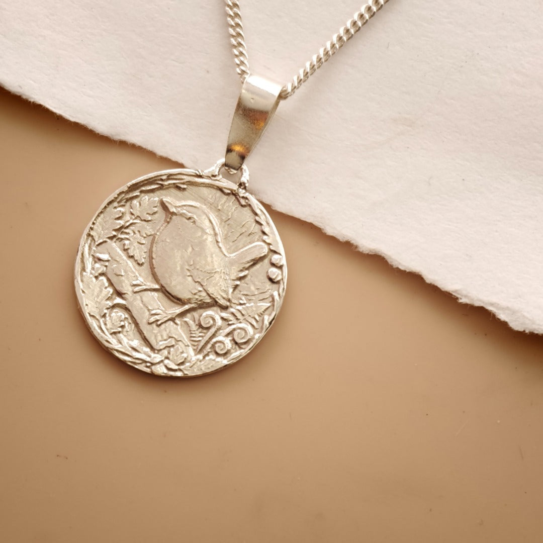 Wren Engraved Sterling Silver Coin Necklace