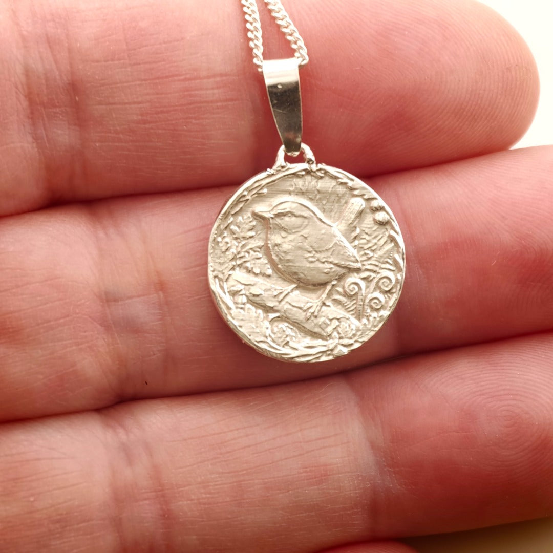 Wren Engraved Sterling Silver Coin Necklace