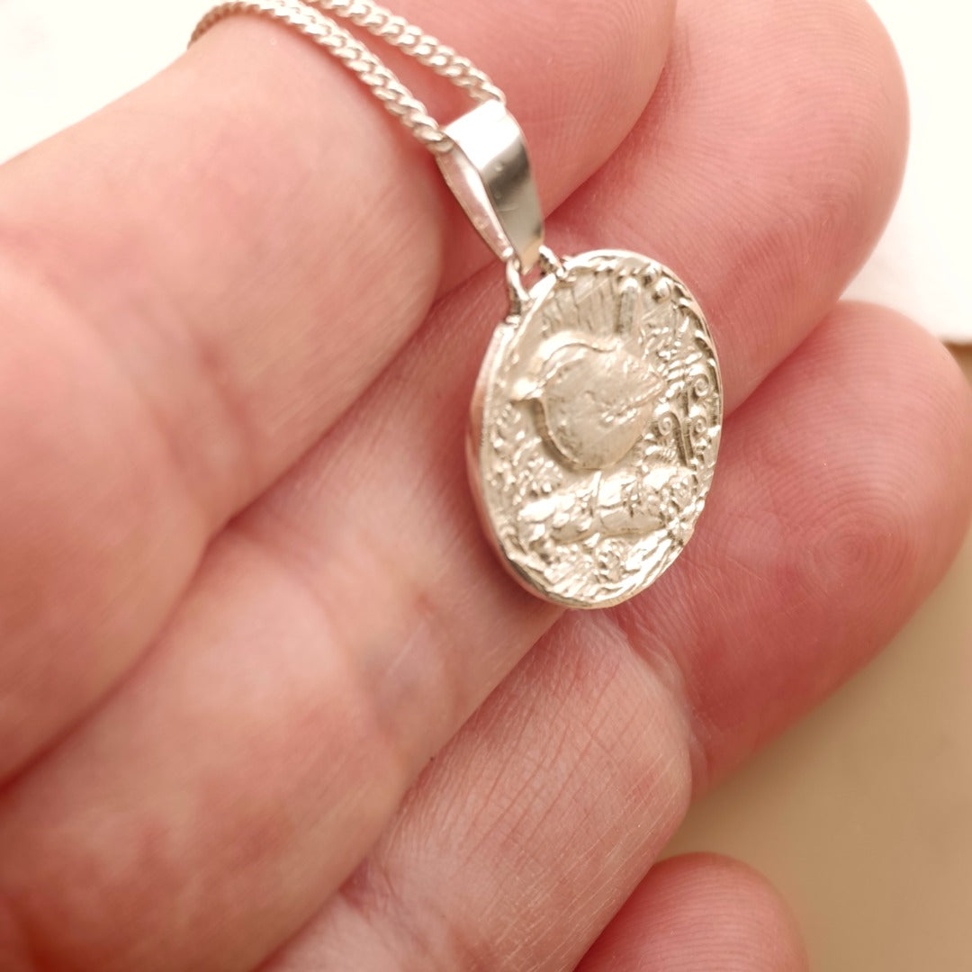 Wren Engraved Sterling Silver Coin Necklace