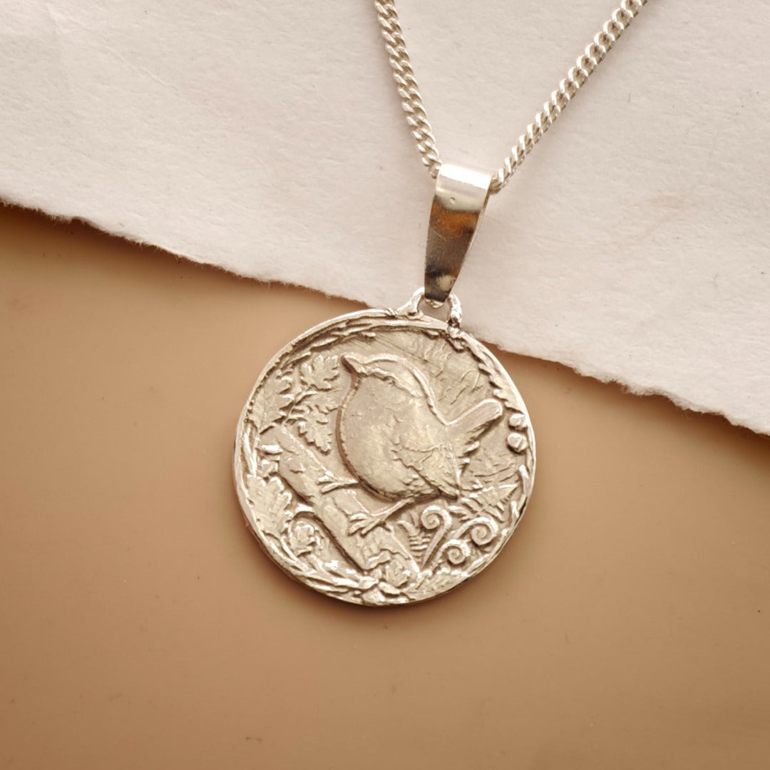Wren Engraved Sterling Silver Coin Necklace