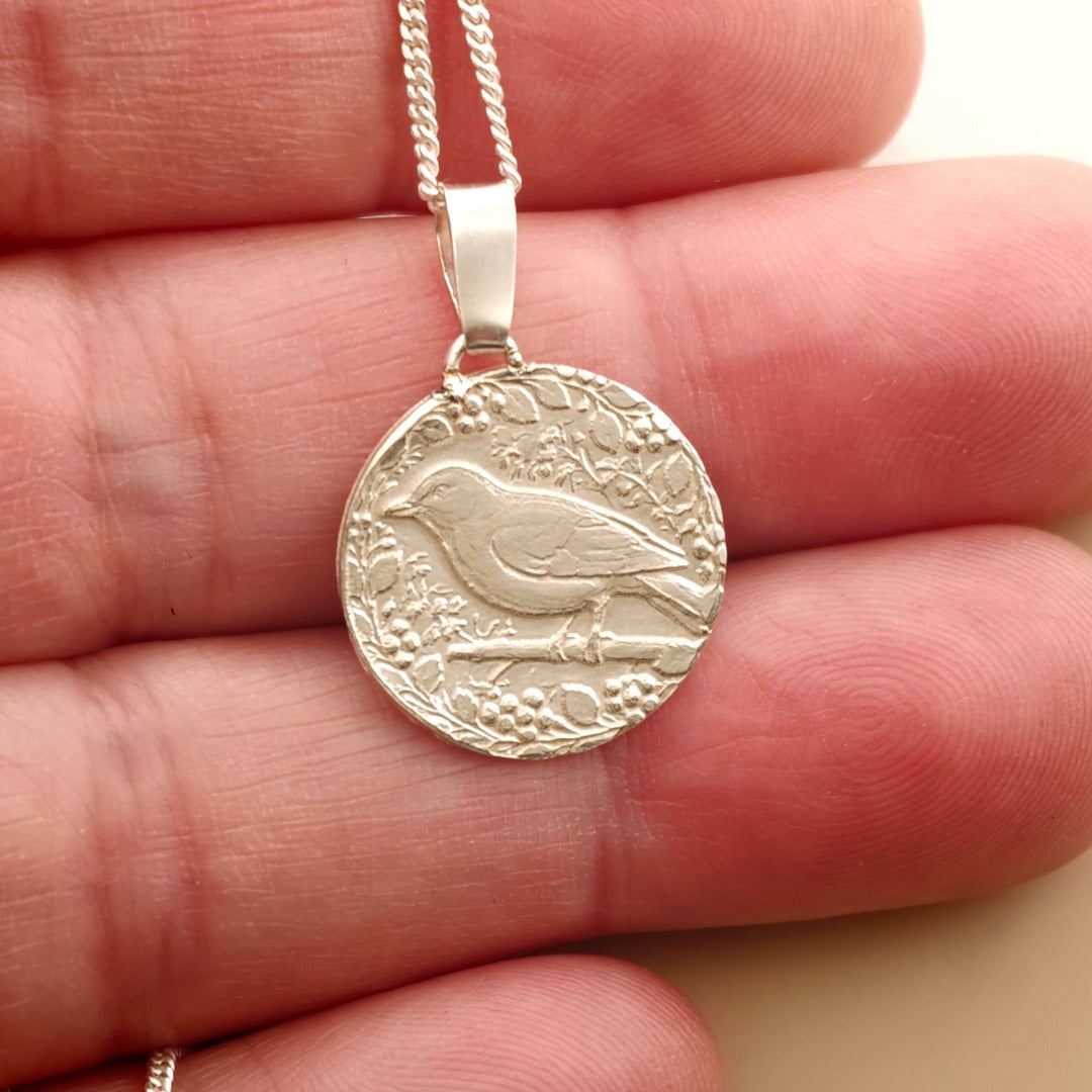 Songbird Engraved Sterling Silver Coin Necklace