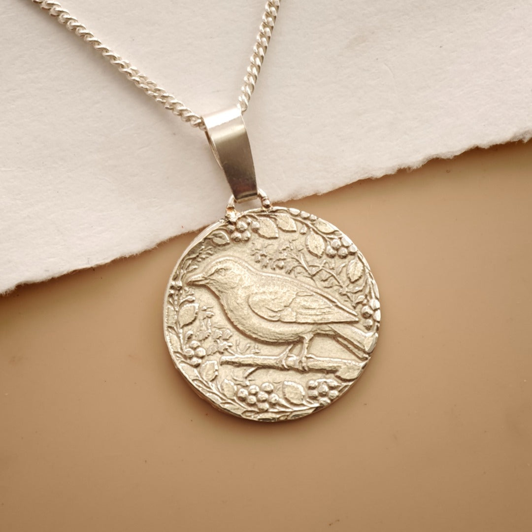Songbird Engraved Sterling Silver Coin Necklace